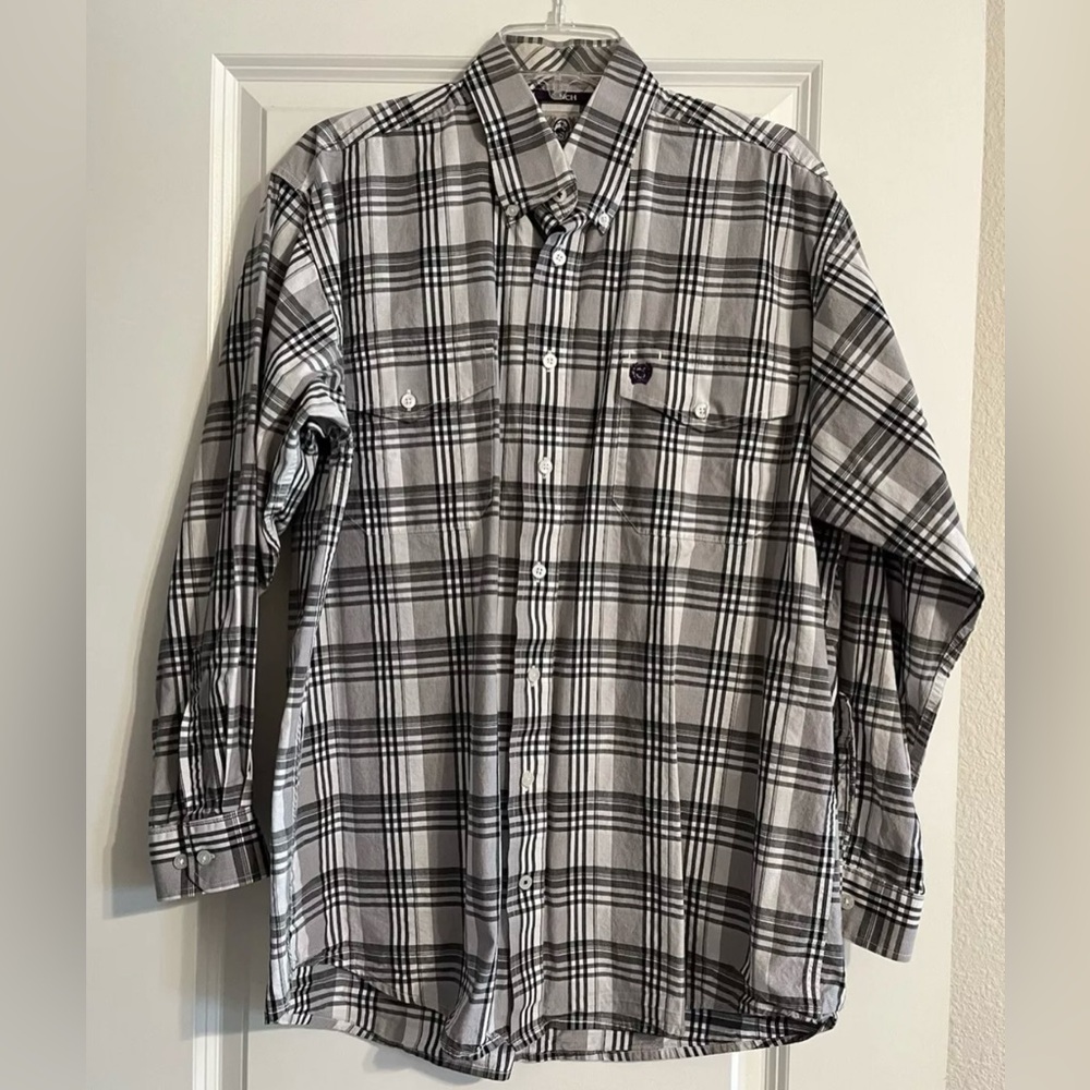 CINCH Mens SZ M Western Gray/Black Plaid Button Down Shirt Purple accent